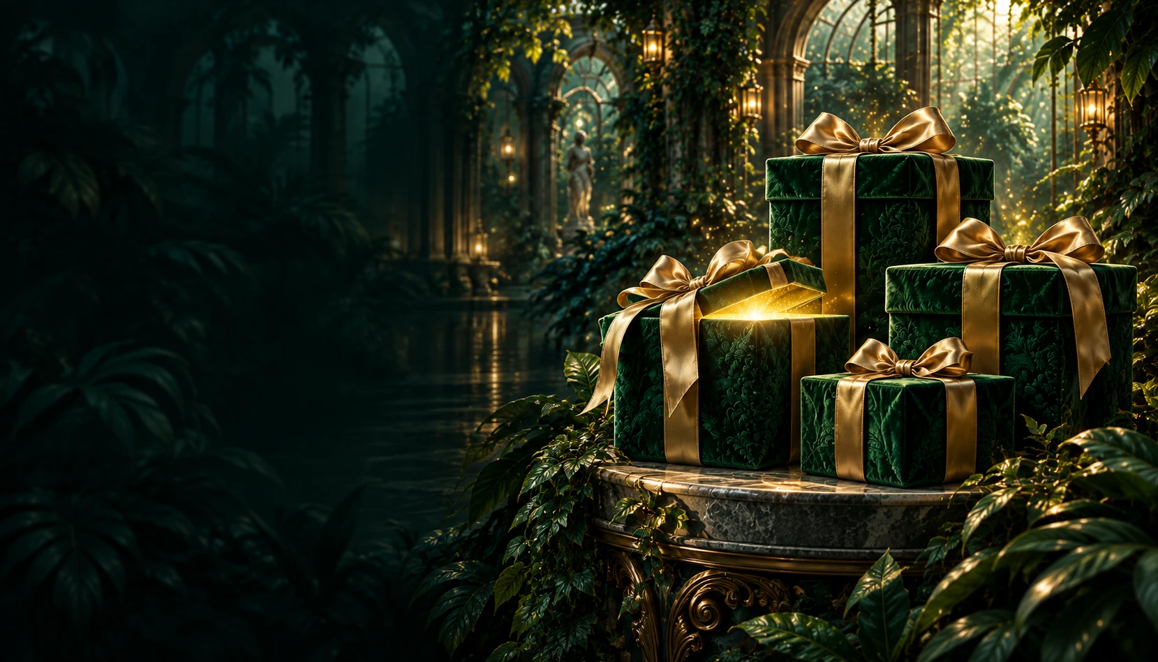 Vier smaragdgrüne Geschenkboxen in einem sonnigen Wintergarten im Verde-Wald