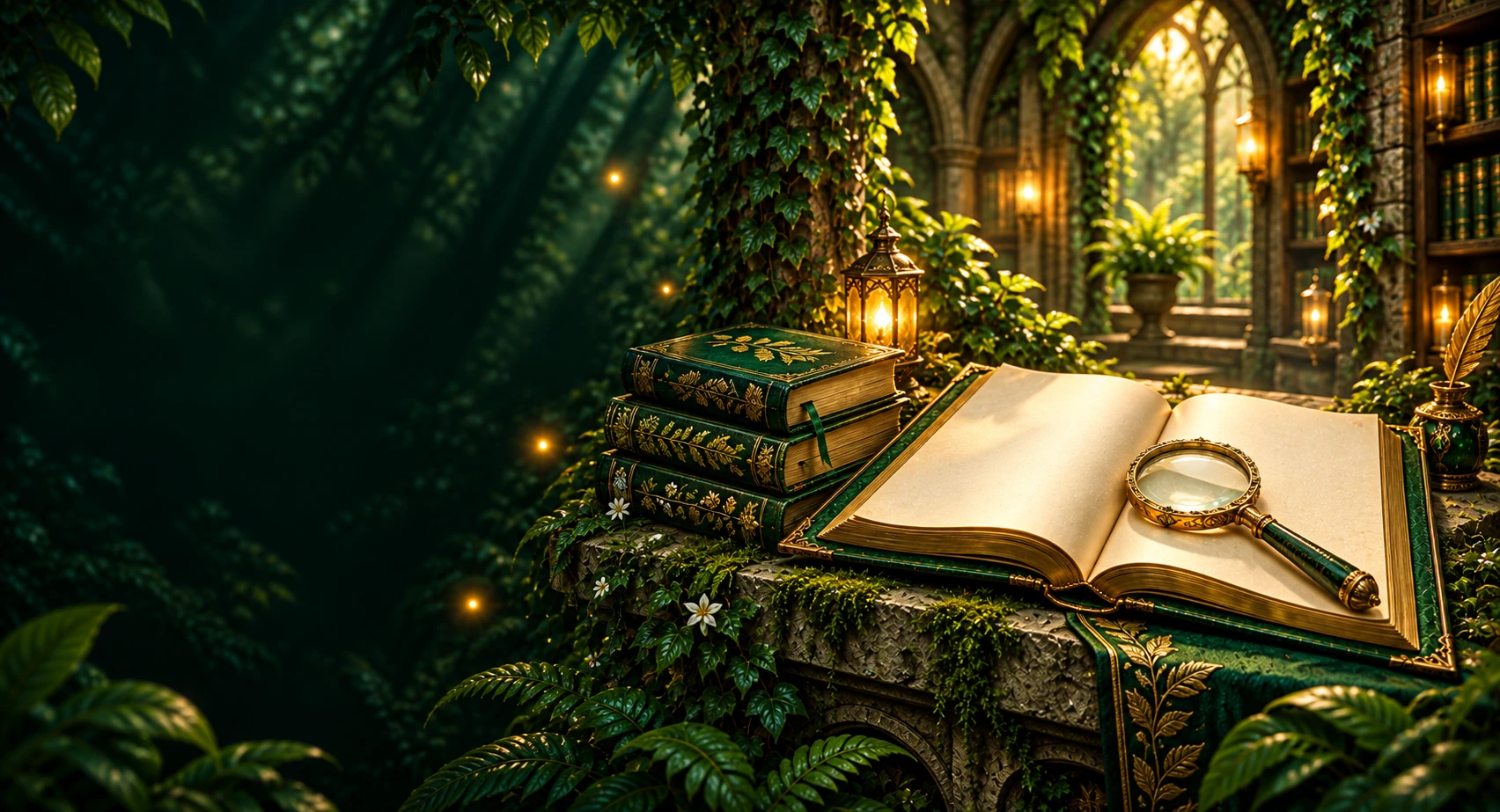 Ein smaragdgrünes Lesebuch, botanische Bücher und eine goldene Lupe in der Verde-Waldbibliothek