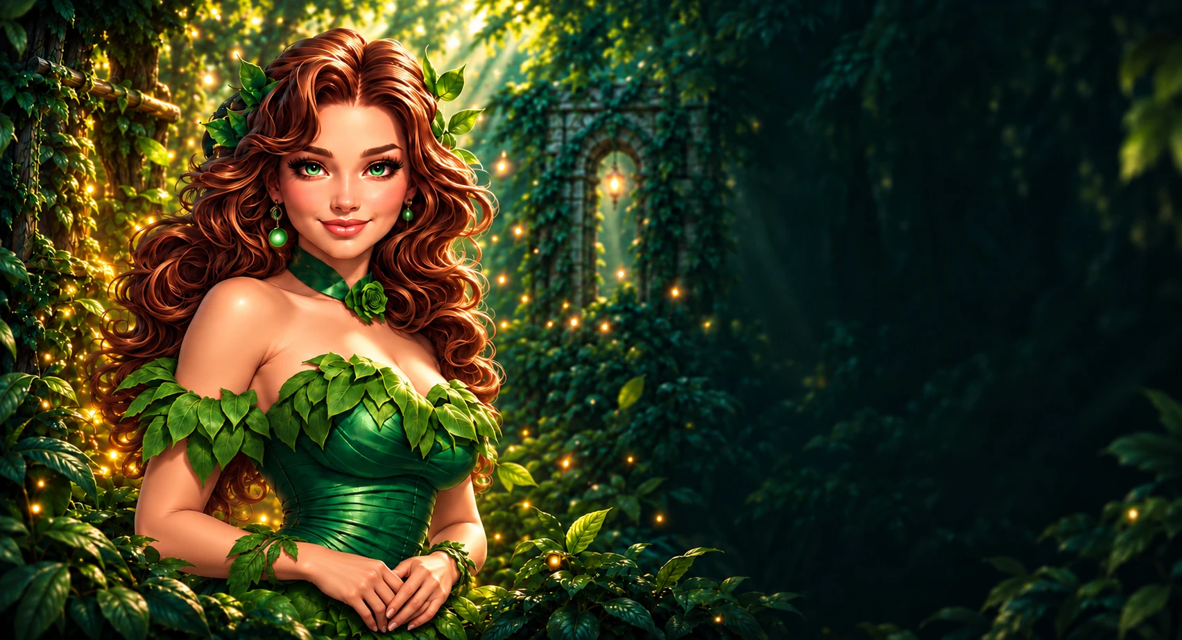 Gazda adultă Verde într-o pădure verde-smarald, luminată discret în auriu