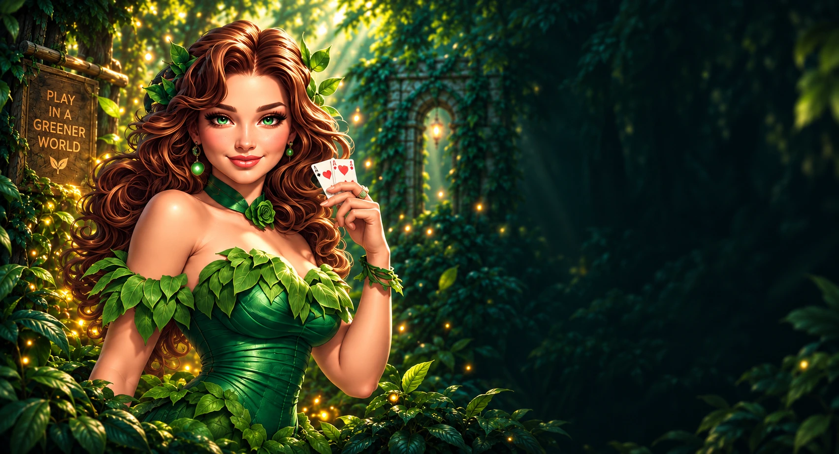 Verde forest hostess holding playing cards beneath an emerald canopy