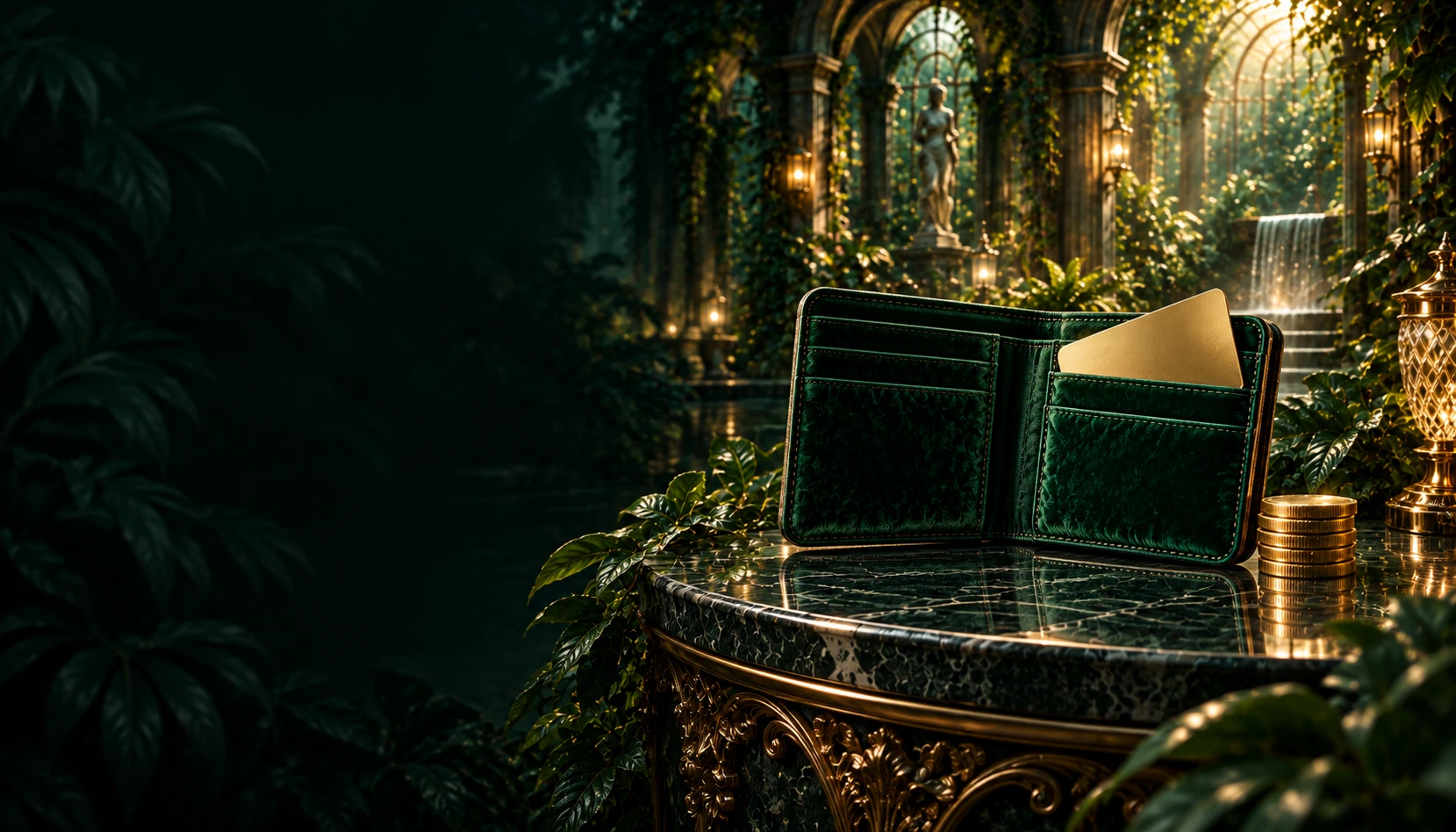 Eine smaragdgrüne Geldbörse, eine schlichte goldene Zahlungskarte und ein kleiner Münzstapel auf einem Tisch im Verde-Wald