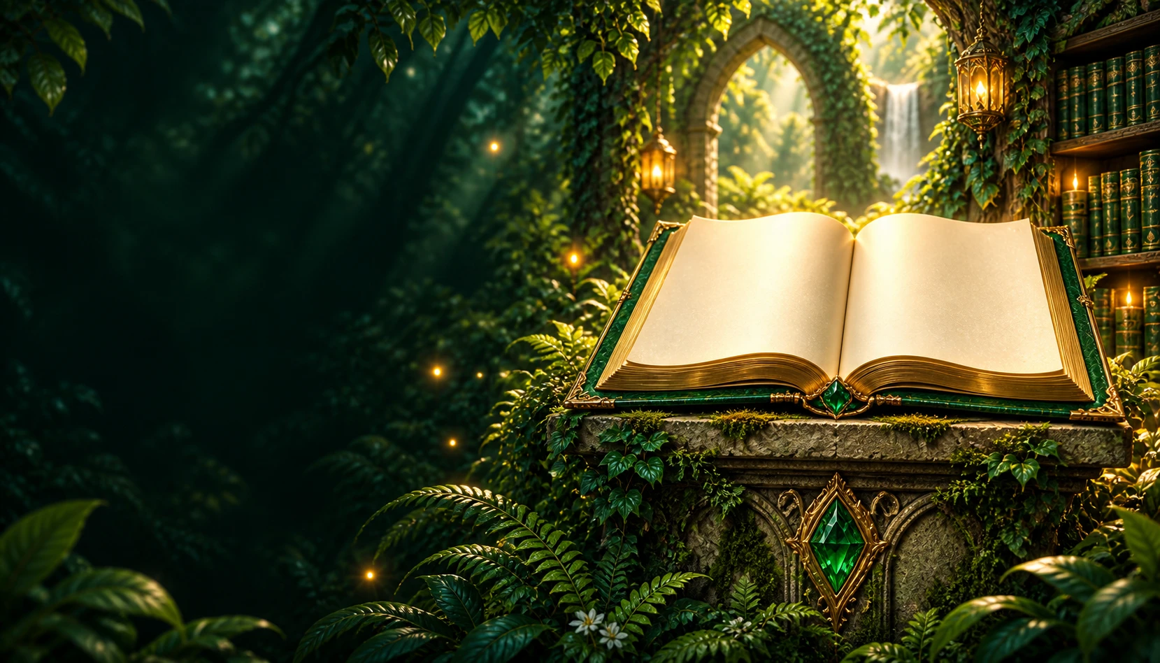 Ein aufgeschlagenes Buch in der smaragdgrünen Waldbibliothek von Verde