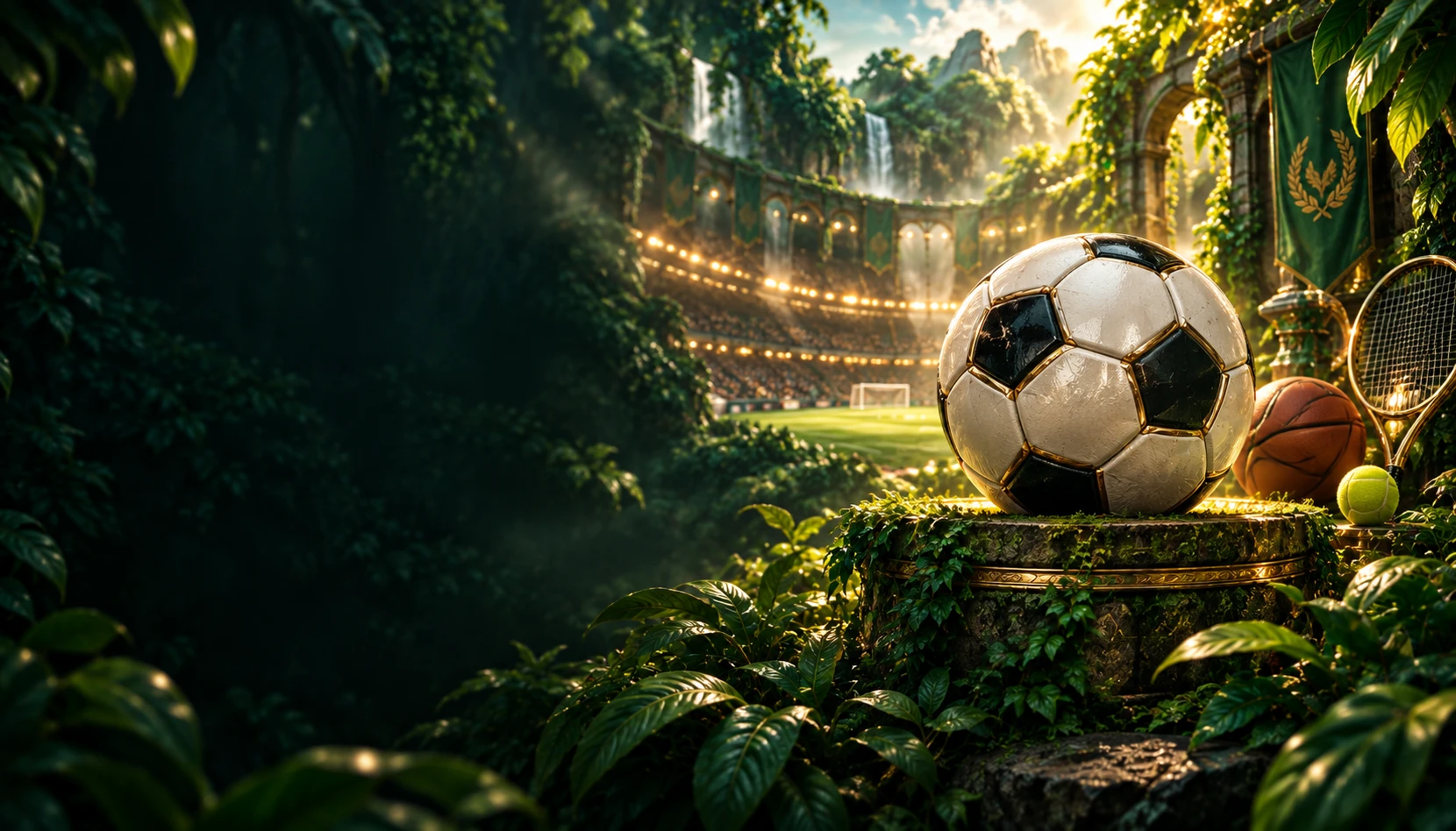Fußball, Basketball und Tennisausrüstung an einer beleuchteten Arena im smaragdgrünen Wald
