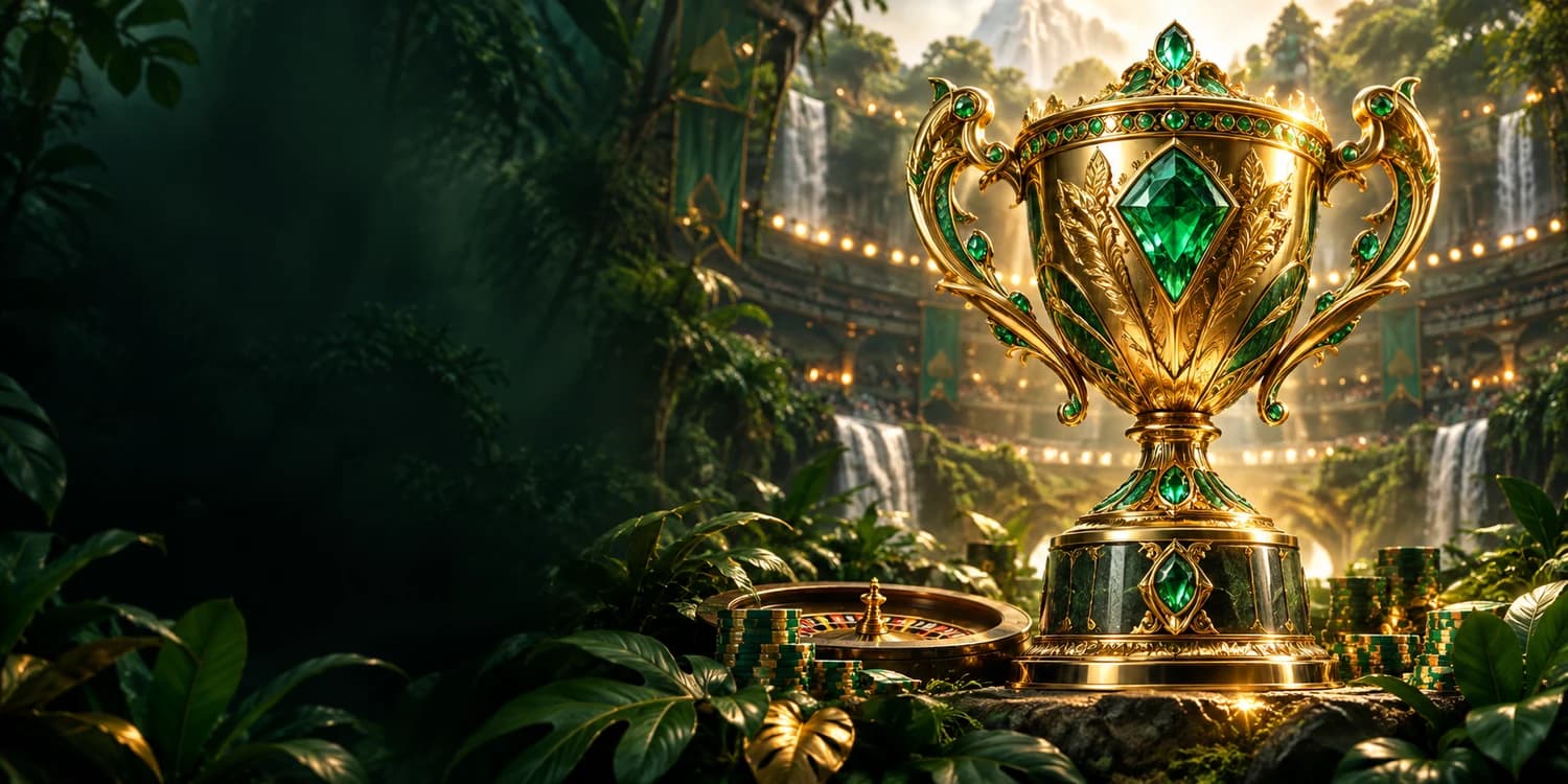 An emerald and gold tournament trophy in a forest arena