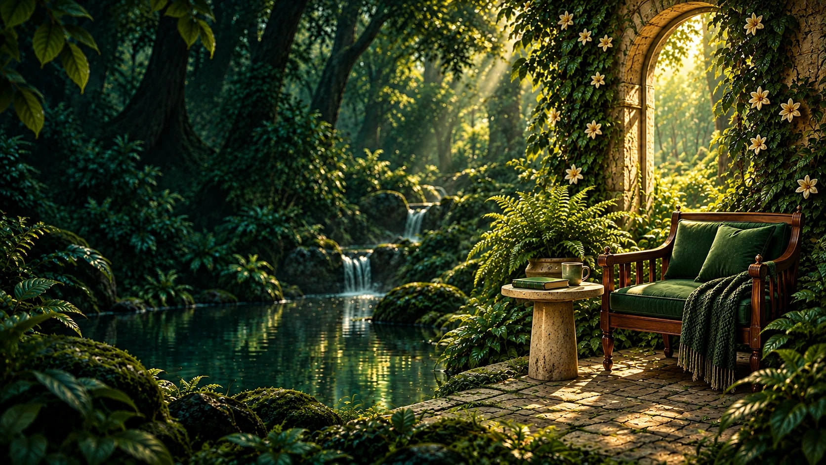 Cadeira esmeralda vazia junto a uma mesa e lago tranquilo no jardim Verde